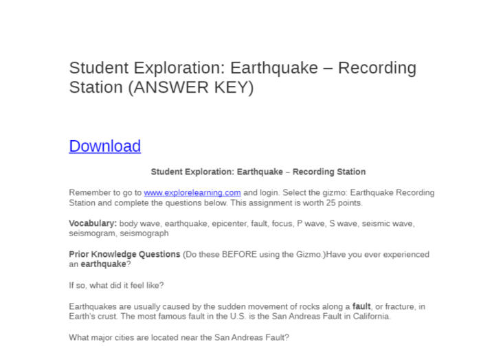 Gizmo earthquake 1 recording station answer key